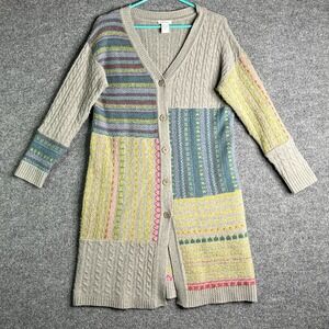 Sundance‎ Long Cardigan Sweater Small Lambswool Blend Patchwork Cable Knit